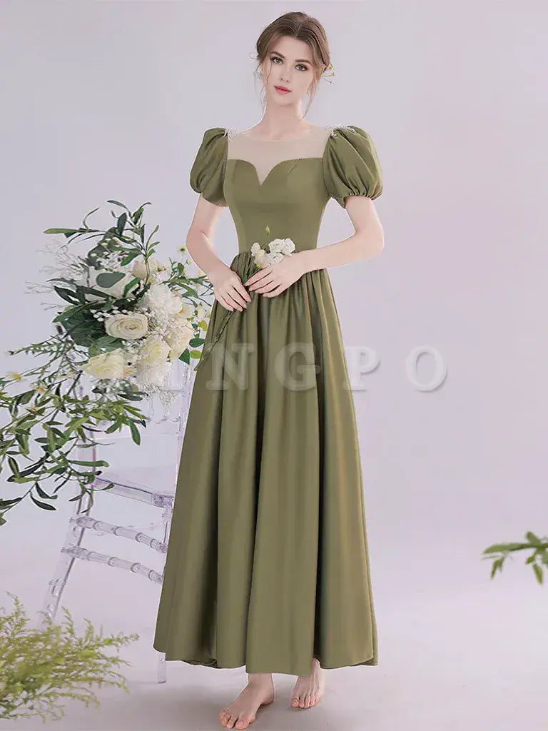 Wholesale A-Line Green Satin Tea Length Prom Dress Green Long Formal Dress gowns evening dresses